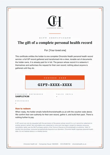 Example Chronicle Health gift certificate, showing the recipient, voucher code, and how to redeem it.
