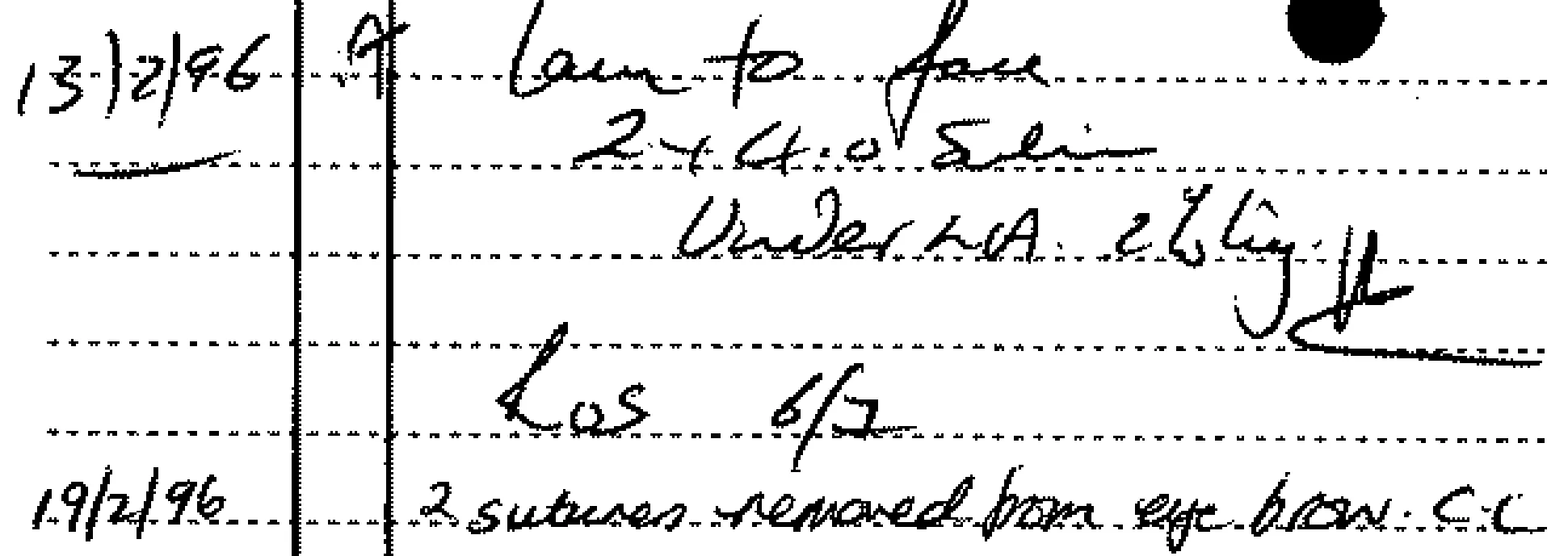 Scanned page region: laceration and suturing entry from 13 February 1996
